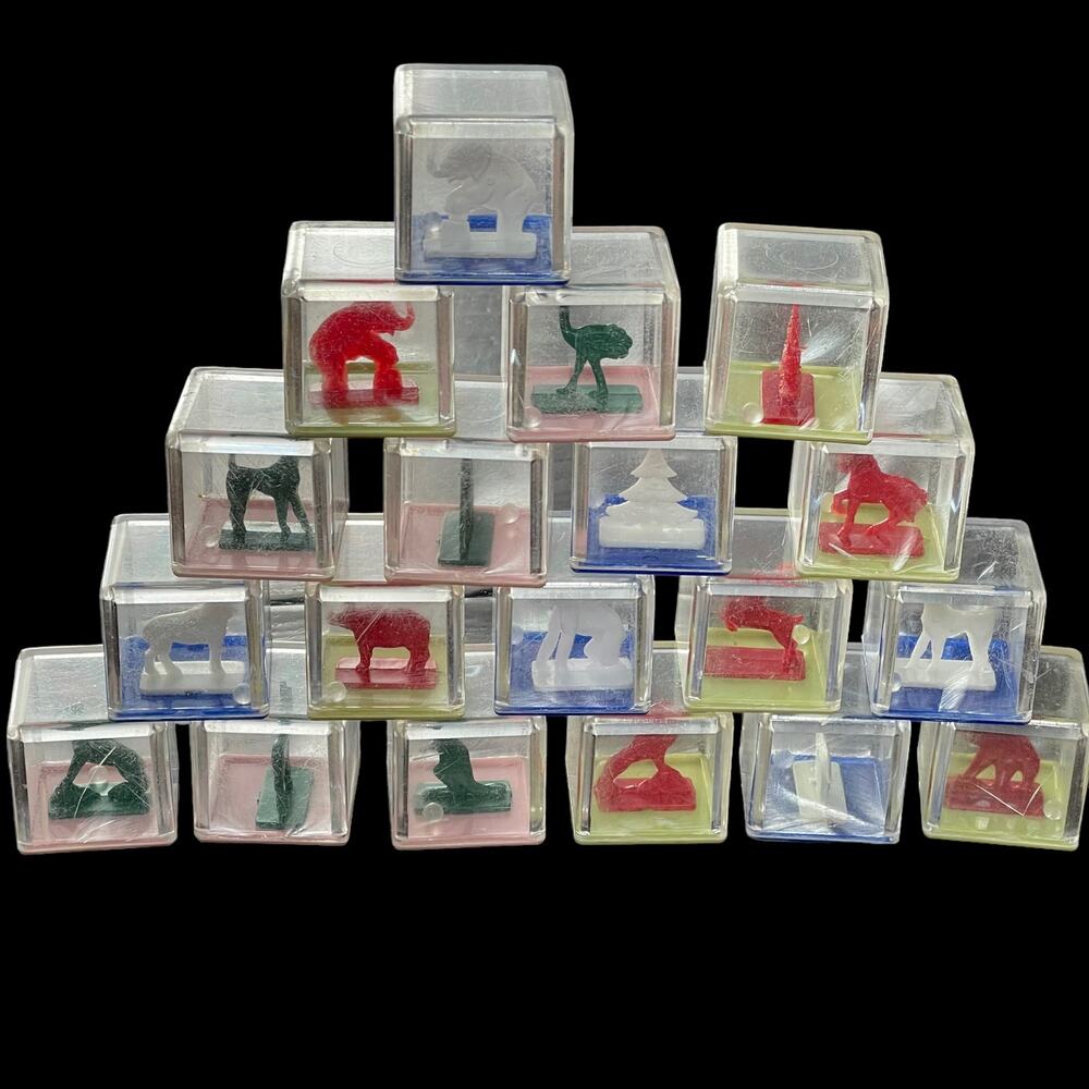 Vintage Kusan Koo Zoo Clear Plastic Blocks Animals Rattle Inside 1950s Toy READ